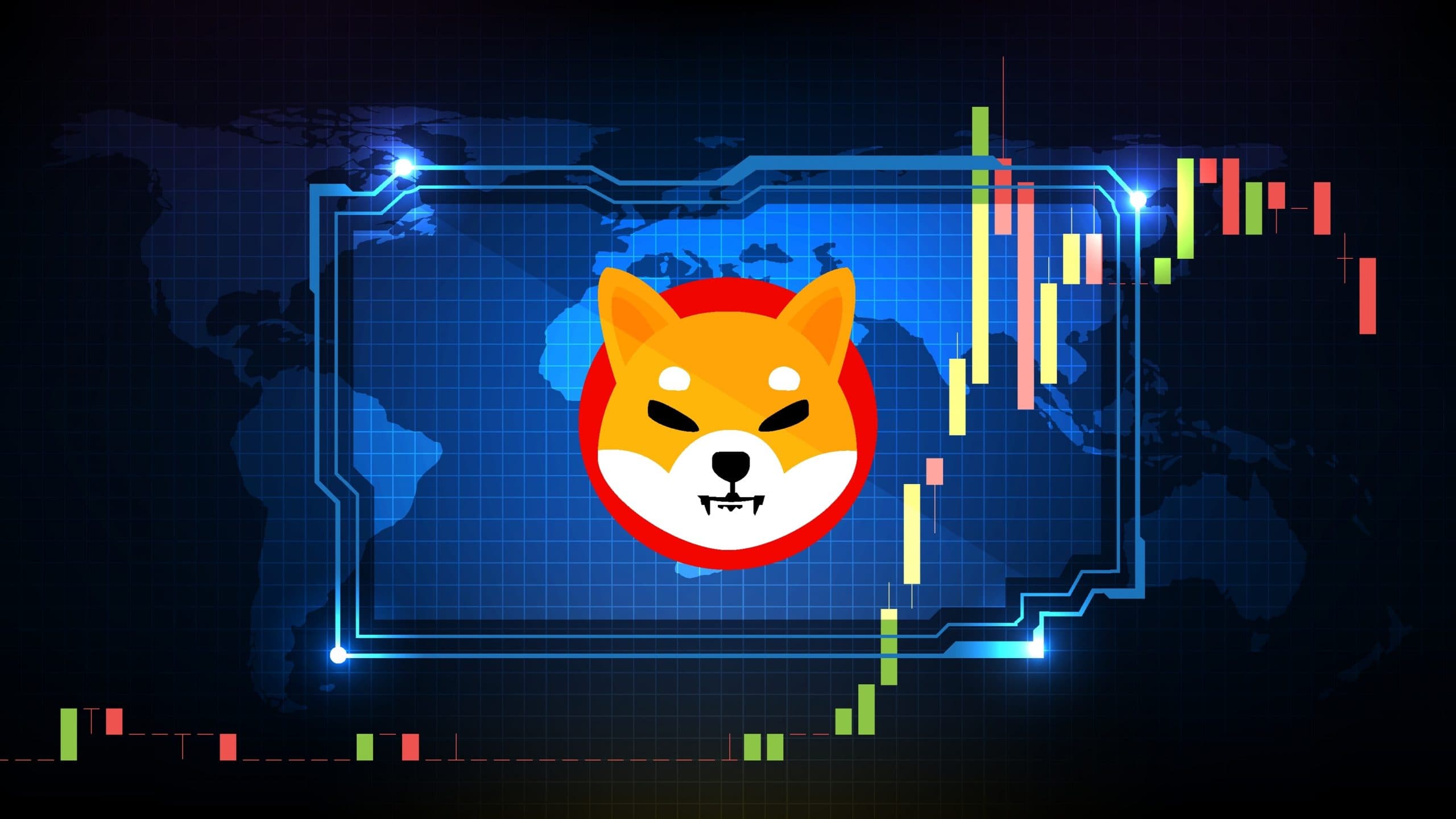 Das Shiba Inu-Logo ist auf einer digitalen Weltkarte zentriert und hebt sich von den Candlestick-Charts der Kryptowährung ab.