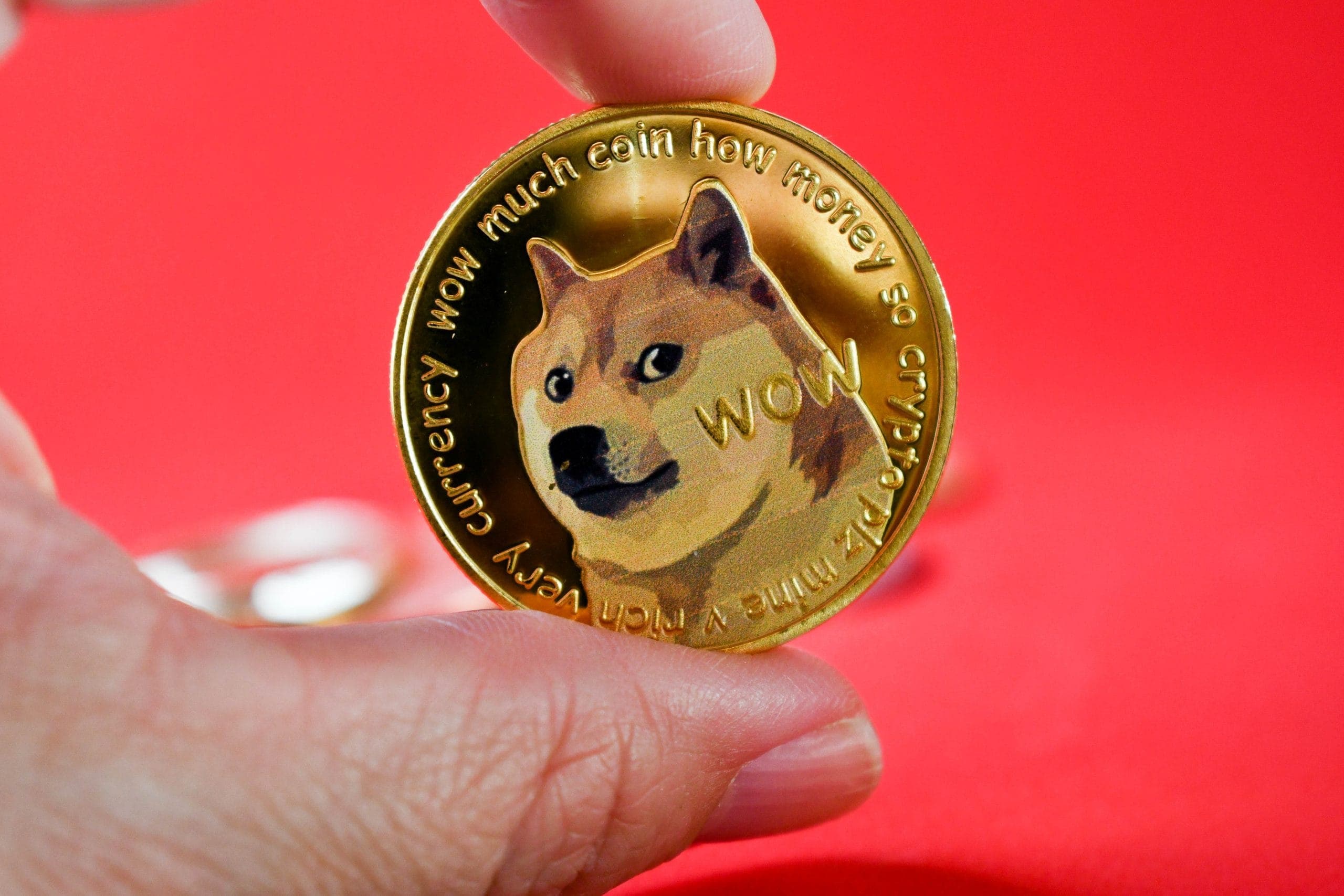 Eine Dogecoin-Münze vor rotem Hintergrund