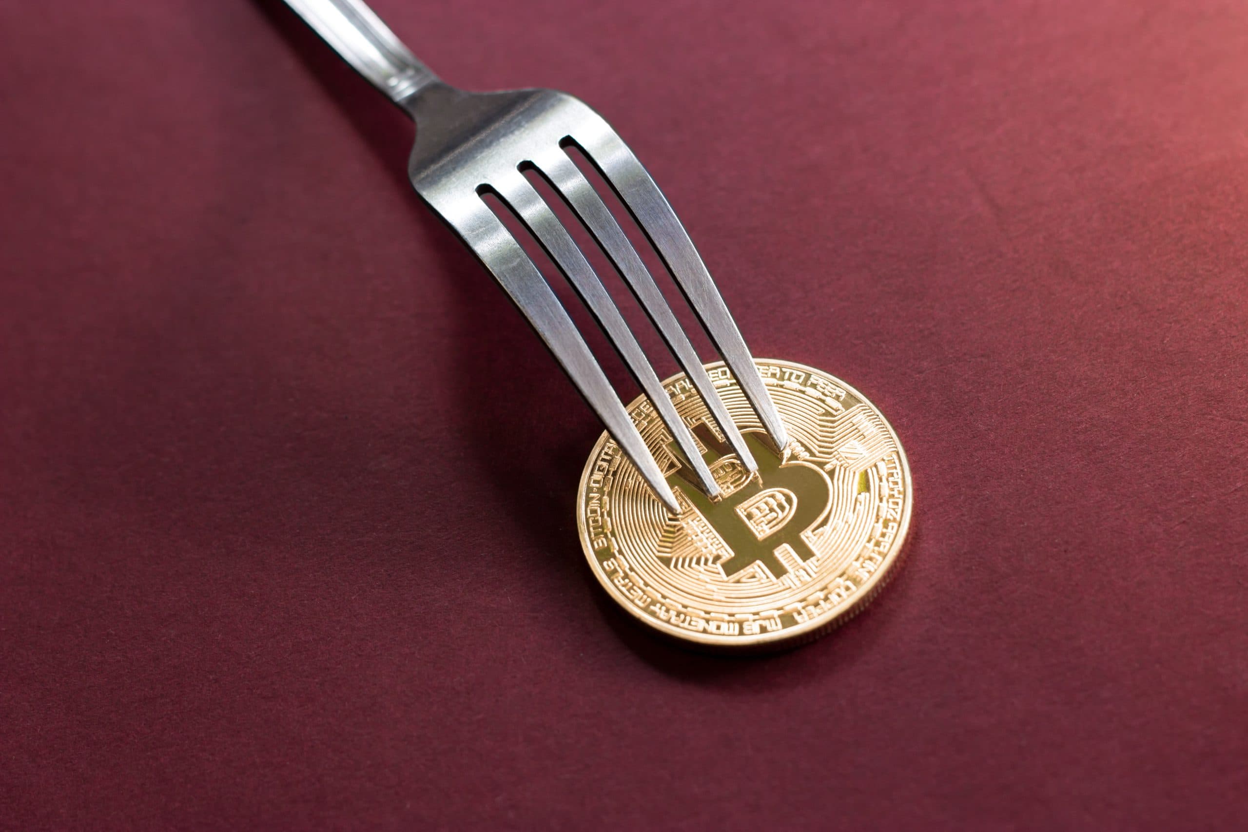Das Bild zeigt eine Bitcoin-Münze und eine Gabel