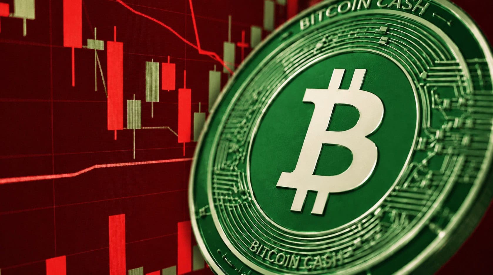Nahaufnahme einer grünen Bitcoin-Cash-Münze vor einem roten Krypto-Trading-Chart mit fallenden und steigenden Candlesticks – Symbolbild für den volatilen Kryptowährungsmarkt.